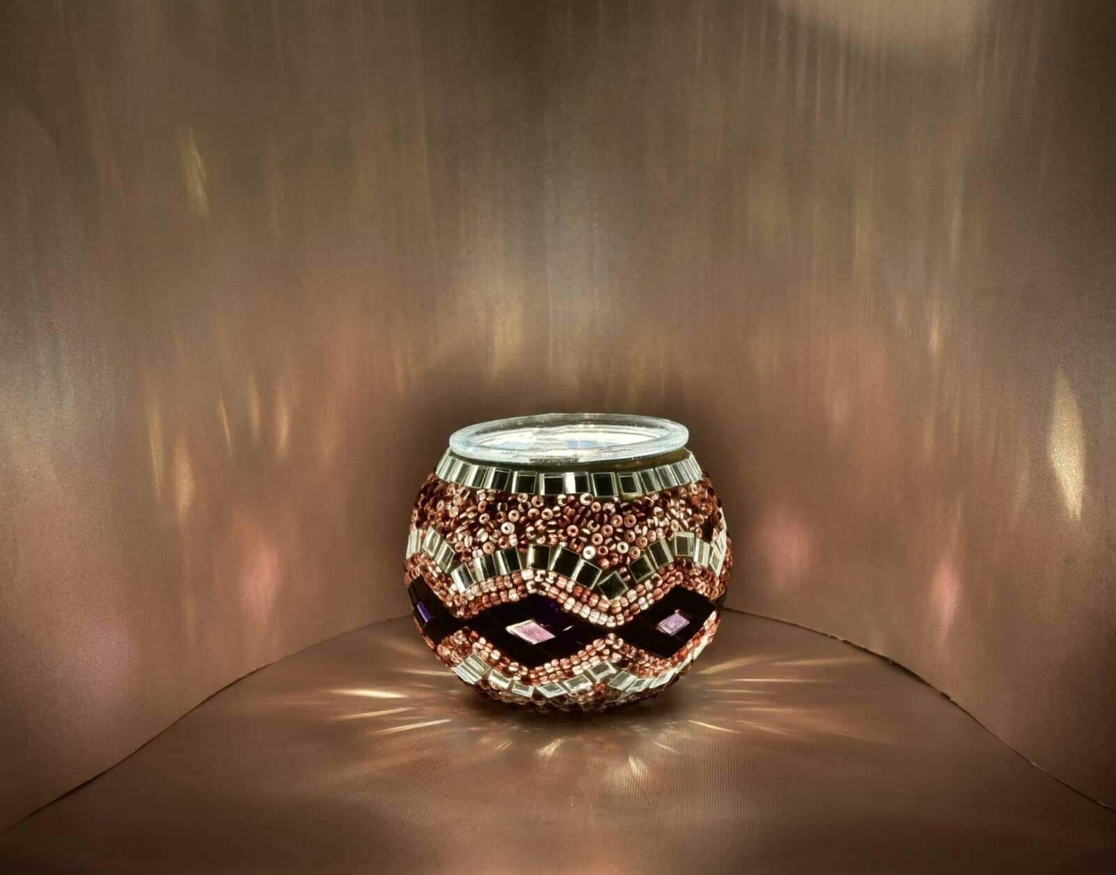 maramou-001-004-001 Handgefertigt Mosaik Teelicht Windlicht Kerzen Mosaikglas braun Gold