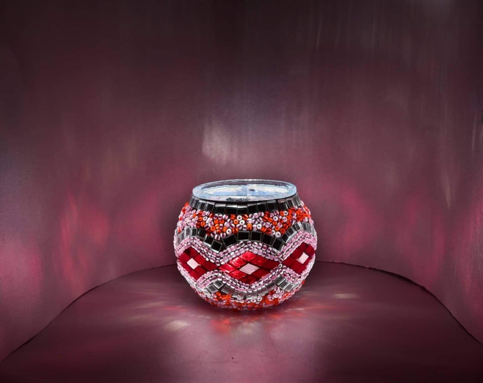 maramou-018-001 Handgefertigt Mosaik Teelicht Windlicht Kerzen Mosaikglas Rose Rote